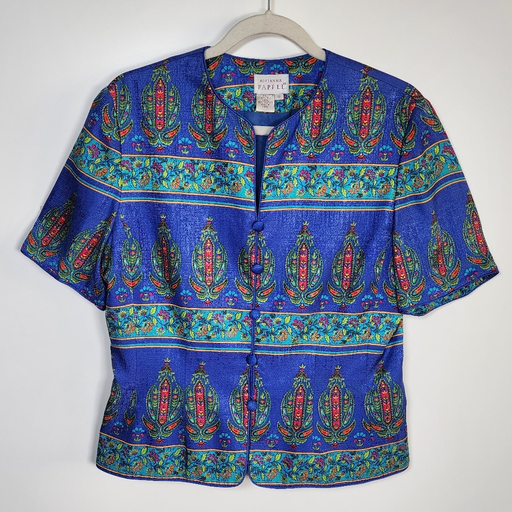 Adrianna Papell Vintage Blue Oriental 100% Silk Button Front Blouse 10